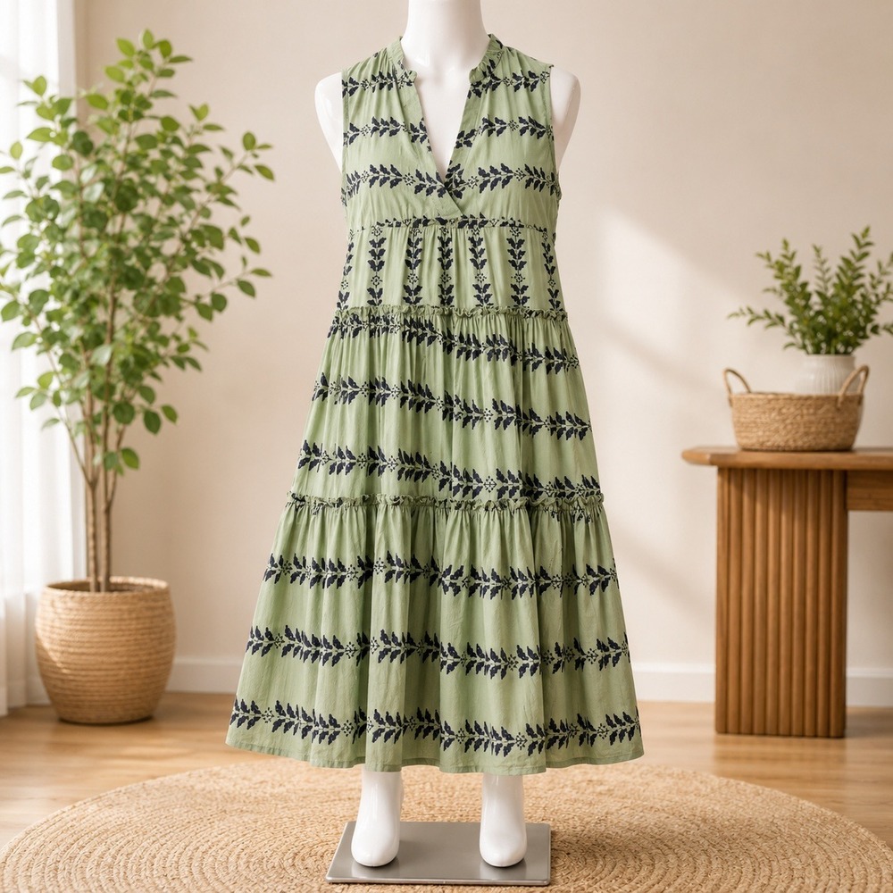 NWT Cupshe Mini Dress Womens XS Green Tribal Print Tiered Sleeveless Boho